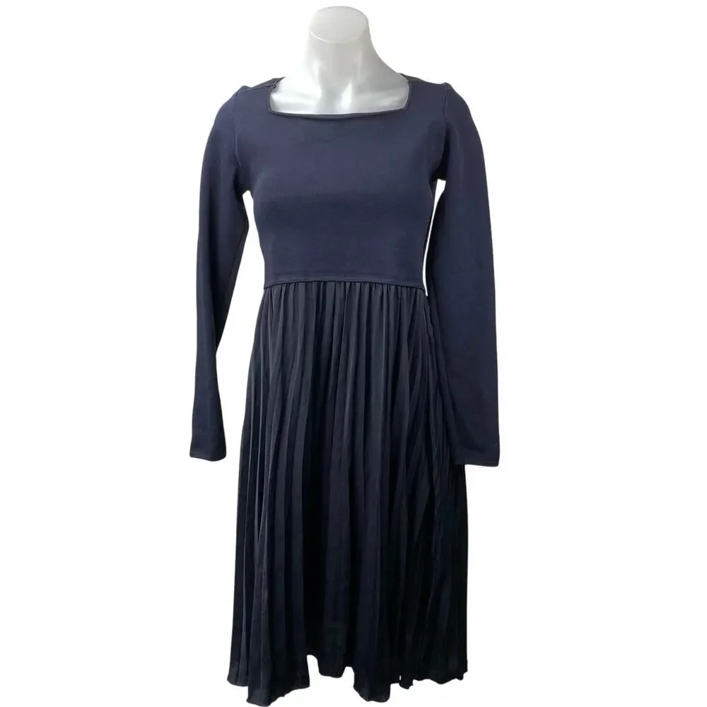 Witchery Women's Blue Black Pleated Square Neck Long Sleeve Midi A-Line Dress S